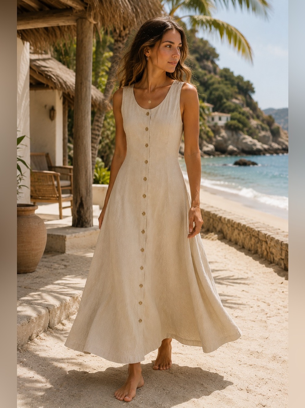 Anthropologie Abel The Label Linen Blend Button Front Maxi Euro Coastal Dress L